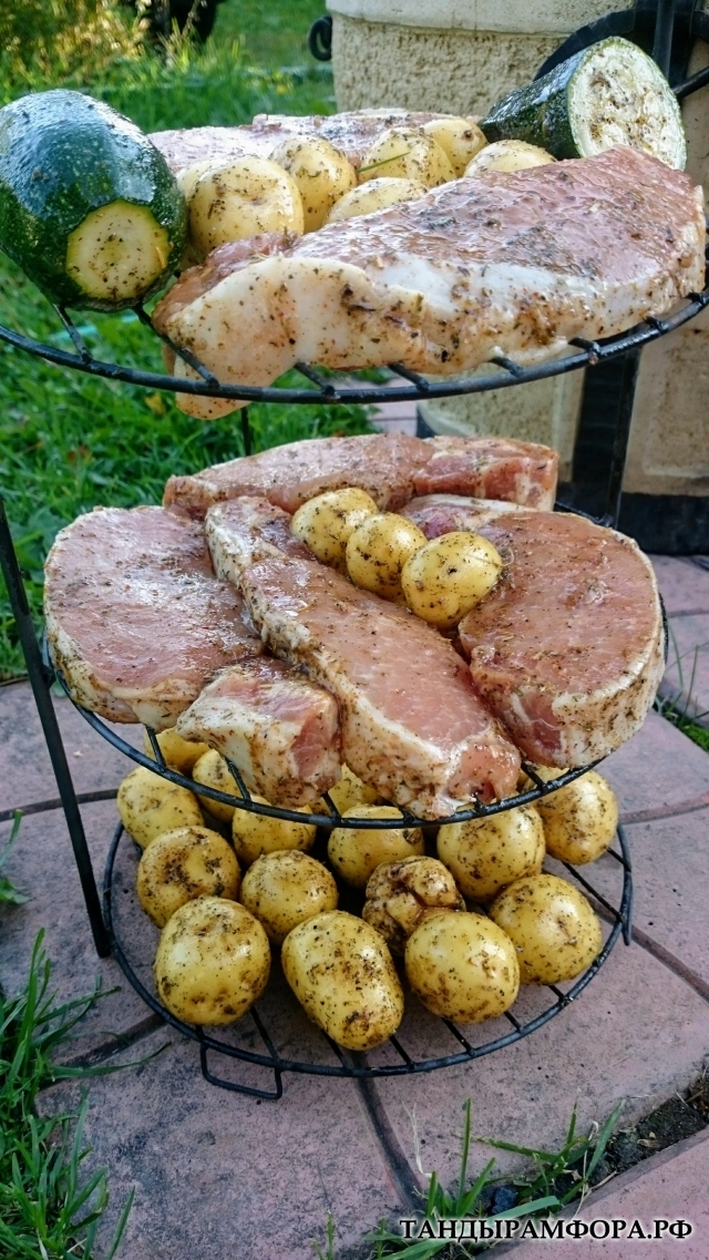 Запекаем молодой картофель со свиными антрекотами.